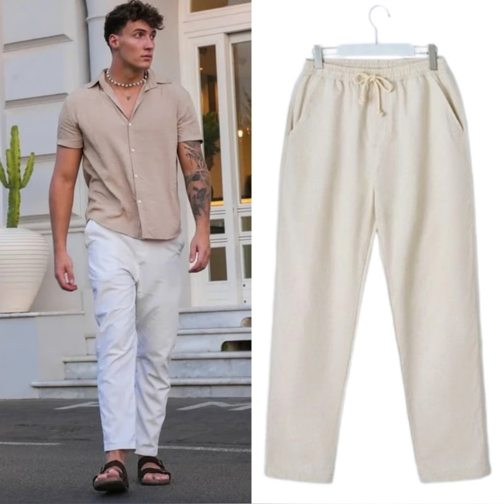 Men's Casual Drawstring Pants in Cream